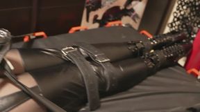 Orgasm Therapy on Restraint Bed – Short Bondage Gloves, Leather-Stuffed Tape Gag & Ballet Boots