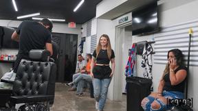 ”Naughty barber shop co-worker having sneaky sex”