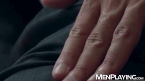 Straight suited Will Iden tugs his massive cock until he explodes