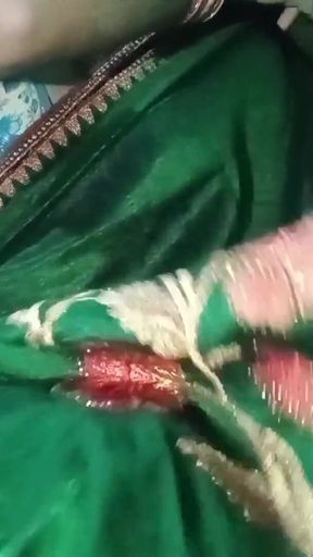 Indian Gay Crossdresser Gaurisissy Pressing His Boobs so Hard and Enjoying in Green Saree