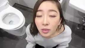 Busty Japanese Babe Gags on Cock POV Then Rides Wild In Restroom Stalls