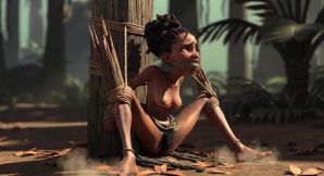 African Girl Bound in Rope Bondage - Hairy Wet Pussy Craving for Cock