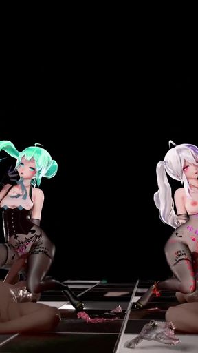 [mmd] Haku & Miku-baam Double Meat Urinal Dance Humiliation Lewd Pattern Transparent Black Silk Riding