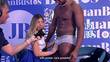 Petite blonde Latina Shaira deep throats big black cock on podcast