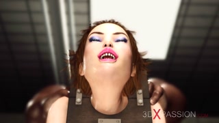 Sexy cuffed girl in restraints with big natural tits massages her pussy and ass with a huge cock