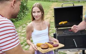 Hot Summer BBQ - Maya Gets Her First Outdoor Threesome