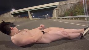 Naked Muscled Asian Walks to the Middle of an Empty Road at Night, Flexes Hard &amp; Shoots a Massive Load
