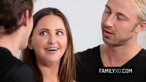 Sexy stepsister Hope Howell got grounded by her step brothers on the couch with one dick in each hole