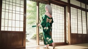 Silver-Haired Shrine Maiden Secrets! Languidly reclining in a red corridor, her bare shoulders and lush thighs exposed.