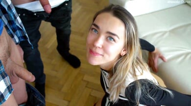 Blonde beauty takes on two men in a passionate threesome with deep throat and double cumshot