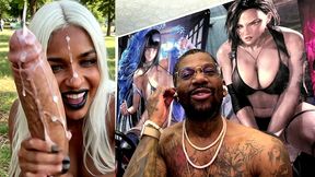 x-men storm jerking off a large bwc cock until he cums hard, ai generated
