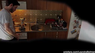 A dad caught his stepson jerking off in the kitchen and taught him to keep it safe