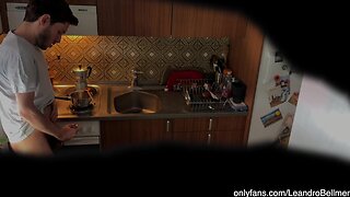 A dad caught his stepson jerking off in the kitchen and taught him to keep it safe