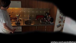 A dad caught his stepson jerking off in the kitchen and taught him to keep it safe