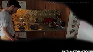 A dad caught his stepson jerking off in the kitchen and taught him to keep it safe