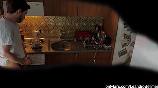 A dad caught his stepson jerking off in the kitchen and taught him to keep it safe