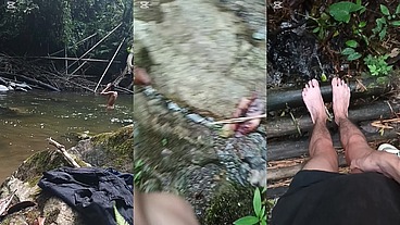 Desnudo en el rio, me masturbo y me orino en los pies
