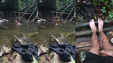 Desnudo en el rio, me masturbo y me orino en los pies