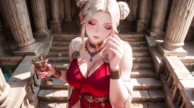 Blonde goddess kneels in red dress deep v ruins creampie serene gaze