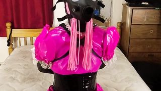 Sissy Maid Self Restrain Bondage Gas Mask Armbinder in Purity and Ballet Footwear