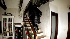 dark staircase seduction. shiny long jacket, under sheet sex and double cum finish