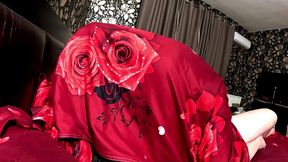 dark staircase seduction. shiny long jacket, under sheet sex and double cum finish