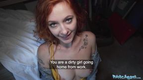 Red-headed waitress gets slammed outside in public as customers cheer her blowjobs and hardcore banging.