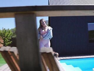 Neighbour spies on morning yoga by the pool and joins me