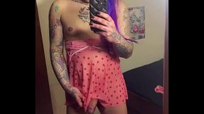 Trans girl shows off in the mirror with her big dick