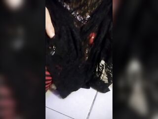 Sissy in red chastity, rides sex tool