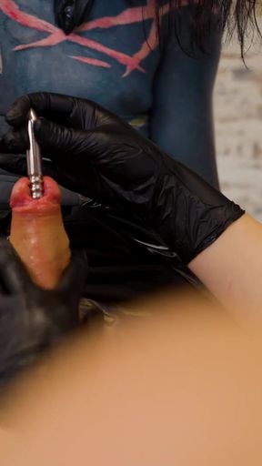 Three Cruel Latex Goddesses Destroy Tattooed Slave with Deep Sounding &amp; Urethral Fingering   Clip 1