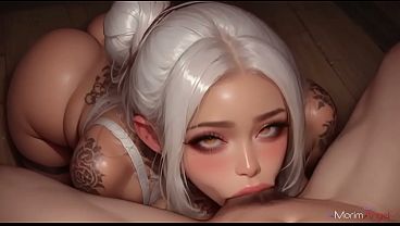 Seductive white-haired girl with a tattoo gets her juicy, deep holes fucked in the hallway.[AI]