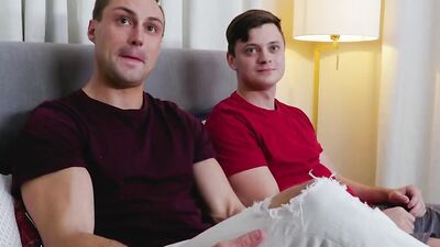 Two good looking stepbrothers are barebacking while on one's home