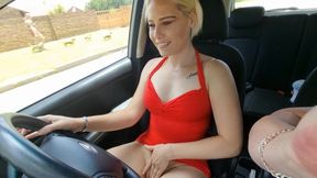 Hot blonde playing with her pussy while driving car