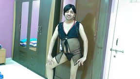 Sexy sissy crossdresser femboy Sweet Lollipop in a sexy black lingerie.
