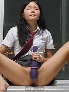 Asian College Girl Plays with Her Magic Wand and Squirts