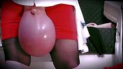 Glossy Low Hangers Balls all day long ! Mini Skirt Sissy Cuckold Red Skirt Saline Infusion BIG BALLS