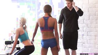 Athletic hotties Audrey Show and her step daughter Marry Lynn are doing their daily workout with the help of Jake Taylor.