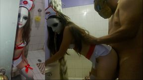 Not father-in-law! Father-in-law walks in when innocent daughter-in-law is in bathroom at family costume party, 18yrs