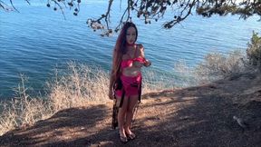 Artemisia love sexy outfit and smoking big perfect tits flashing outdoor by the. Ocean