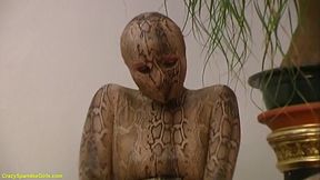 Big boob blonde girl in skintight spandex snake catsuit stripping for you