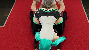 Miku gets her boobs massaged, her ass licking and a big dildo in her pussy.