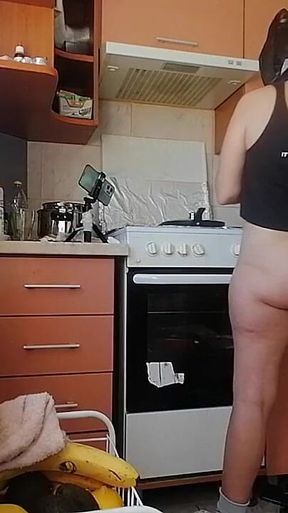 Sexy Mom Prepares Breakfast, Hairy Pussy, Big Tits. Sexy Woman Empties House