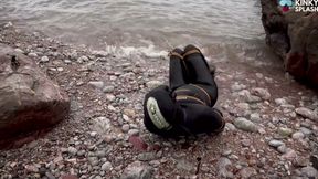 Begging to Be Tied up in 8mm Beuchat - Wetsuit Girl Struggles at the Shoreline