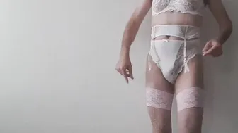 Crossdresser poses in lingerie and jerks off in Sassa Mode underwear