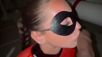 Big ass brunette in mask Ashley Aoky gets fucked DGS after blowjob