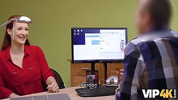 Red haired lady, Isabella Lui is showing her tits and rubbing dick to get the loan