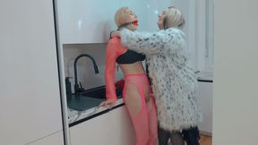 Stepmom fucks her trans stepdaughter in the kitchen and watches the cum droplets as a form of contro