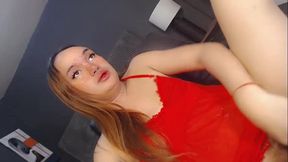 slim asian shemale in red lingerie wanks on webcam