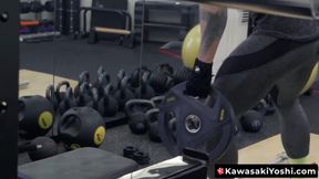 Japanese jock Yoshi Kawasaki intense dildo training play in the gym